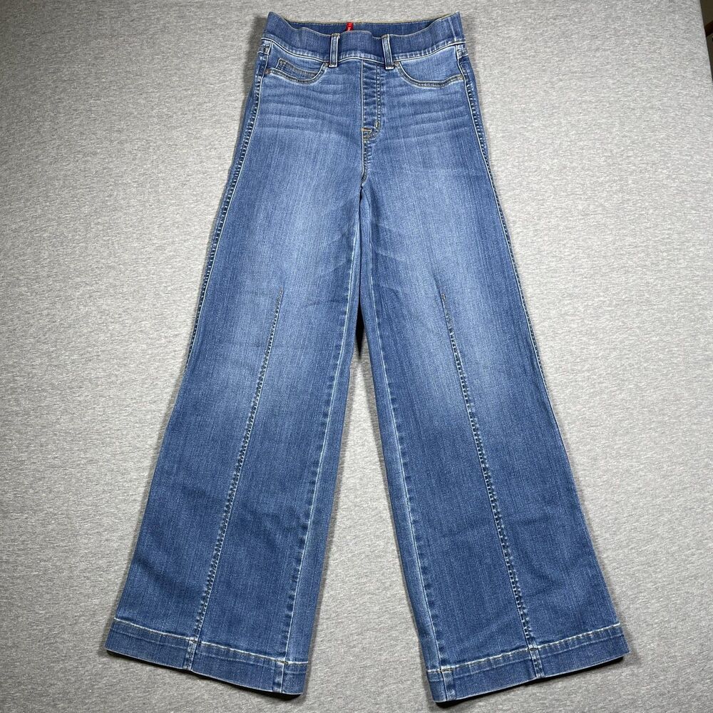 Spanx Jeans Womens S Blue Wide-Leg High Rise Stretch Shaping Denim Pockets